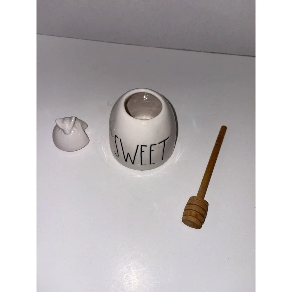 Rae Dunn Honey Pot with Bee Lid & Wooden Dipper Artisan Collection by Magenta 5”